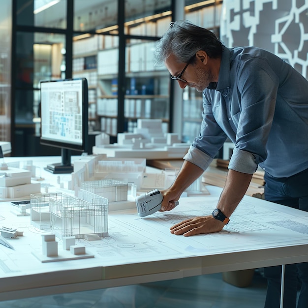 Photo architect examining architectural blueprint with accuracy