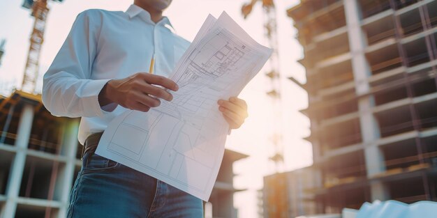 Architect Holding Blueprints at Construction Site During Sunset