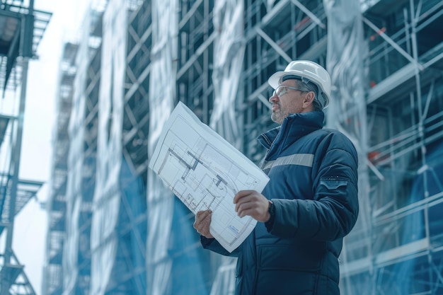 Architect Inspecting Building Site with Blueprints Emphasizing Engineering and Architecture