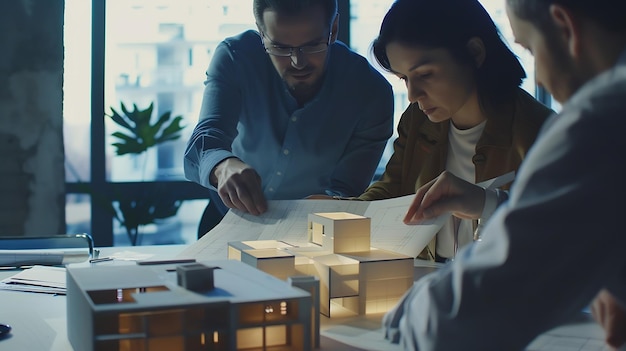 Architect or interior designer showing new apartment plan to couple at meeting realt Generative AI