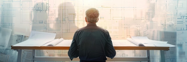 Photo architect looking at blueprint with vision for future building design an architect stands at