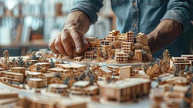 An architect makes models of wooden miniature buildings for a city development plan