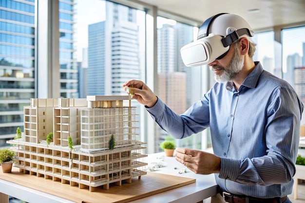 Photo architect man and virtual reality architecture model construction and building with future technology and ux vr goggles design and engineering metaverse and simulation of property