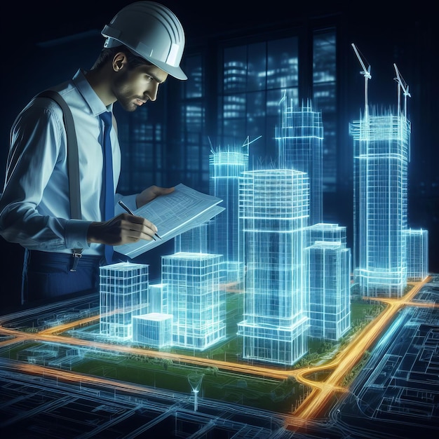 Architect man with safety helmet and 3d virtual construction project