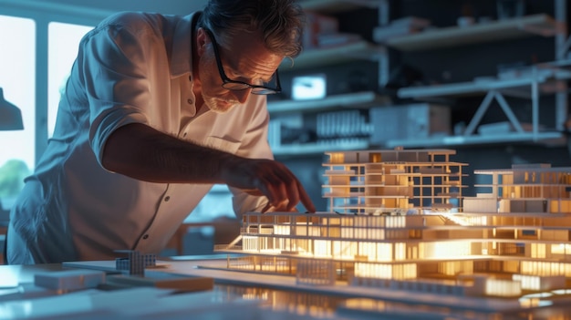 Photo an architect meticulously works on a detailed scale model of a building illuminated by soft ambient lighting reflecting dedication to innovative design