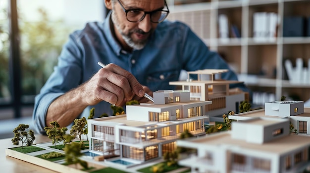 Architect presenting a scale model of a residential neighborhood to clients