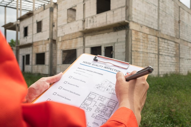 The architect or project engineer is checking on house building quality checklist for inspecting the