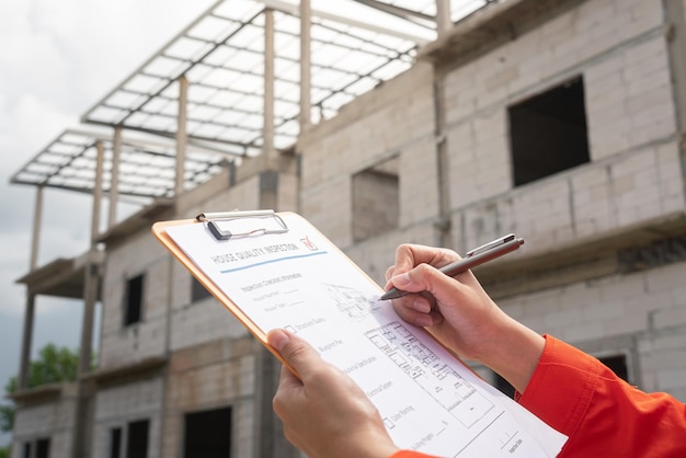 Photo the architect or project engineer is checking on house building quality checklist for inspecting the