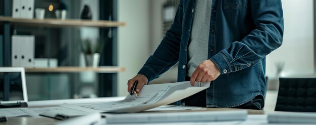 Photo architect reviewing blueprints in modern office with shelves and plants in background