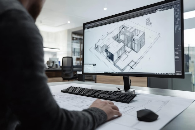 Photo architect reviewing floor plan on computer