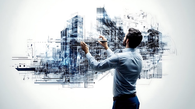 Photo architect sketching futuristic city with digital lines