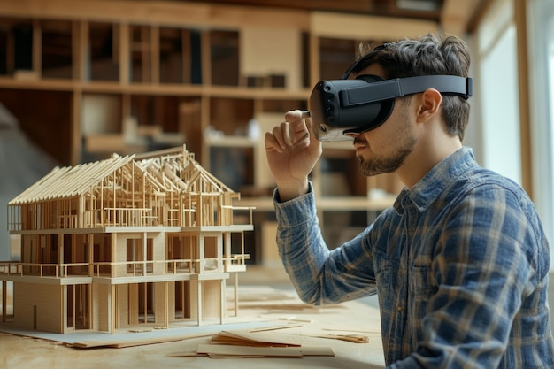 Architect using vr headset to explore 3d house models and advanced construction design technology