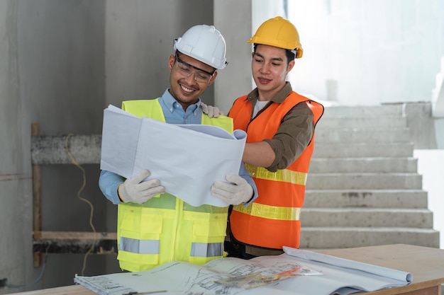 Architect watching some details in blueprint a construction site