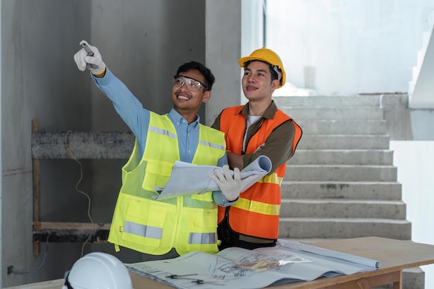 Architect watching some details in blueprint a construction site