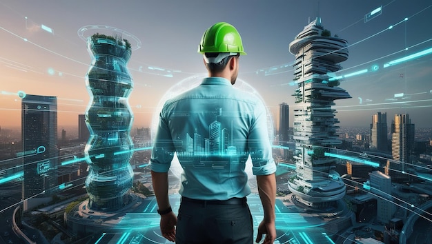 Photo architect wearing a green hardhat overlooking a futuristic cityscape with holographic projections of buildings