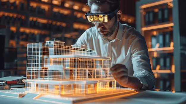 An Architect Wearing A Virtual Reality Headset Designs Manipulates Buildings for 3D City Mixed Augmented Reality Software Visual Effect