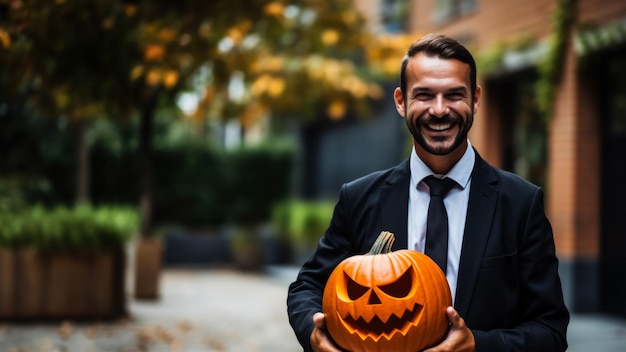 Architect with a Halloween pumpkin on a solid background with empty space for text