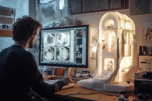 Architect Working on a 3D Model of a Futuristic Building