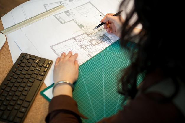 Architect working on blueprints on her table. Architecture and construction. Color pallete