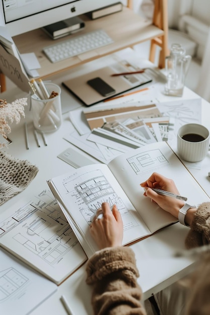 Photo architect working on blueprints in office