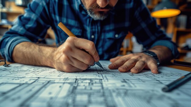 architect working at a desk and drawing blueprint