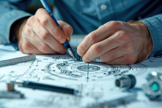 Photo architect working on detailed blueprints with pen and pencil drafting plans for construction project