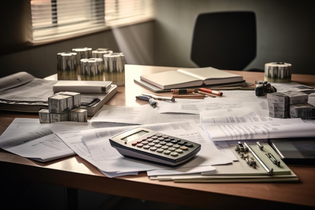 Architect39s desk with blueprints calculator and drafting tools in a welllit office