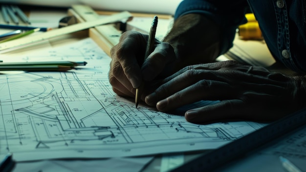 An architect39s hands fervently sketching the blueprint of a future creation at his desk