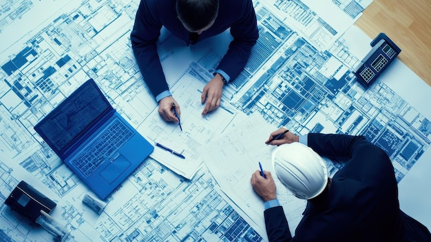 Photo architects brainstorming over blueprints with laptop and hardhat