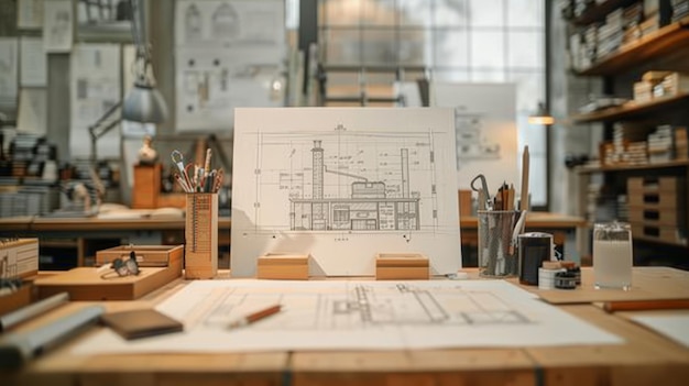 Photo an architects desk with blueprints and drafting tools