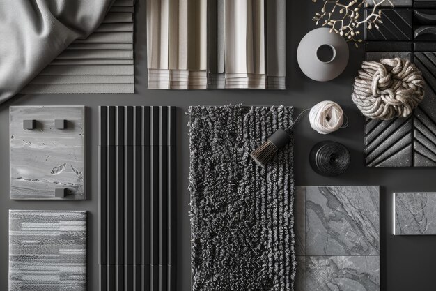 Photo architects elegant grey and black moodboard with samples and tiles