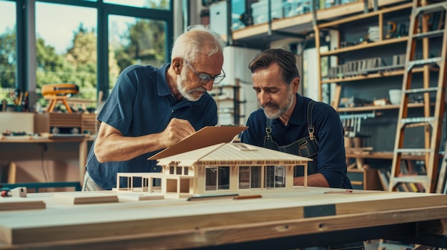 Photo the architects examining model