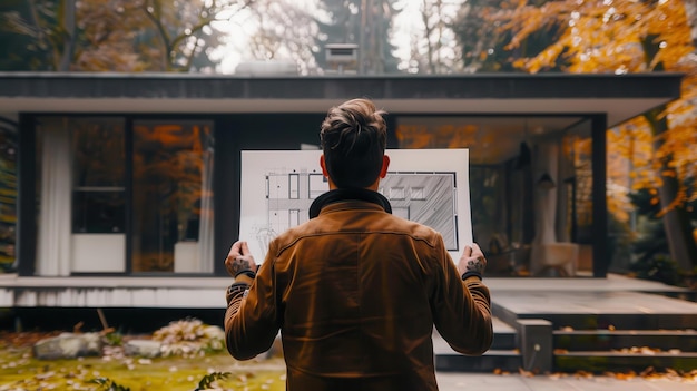 Architects Reviewing House Plans in Autumn at a Modern Home