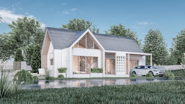 Architectural 3D rendering illustration of modern minimal house with garage and natural scenery back