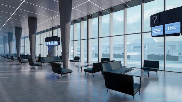 Architectural 3D rendering illustration of waiting area at the airport terminal hallway