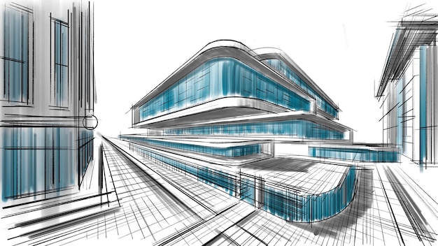 Architectural abstract sketch of a complex of buildings.