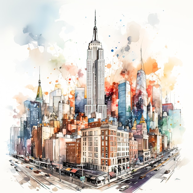 Architectural Artistry Watercolor sketch of New Yorks skyscrapers a testament to urban creativity