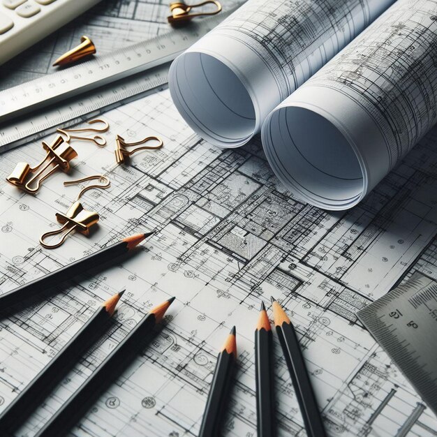 Architectural background with blueprints house model calculator and pencils Construction concept