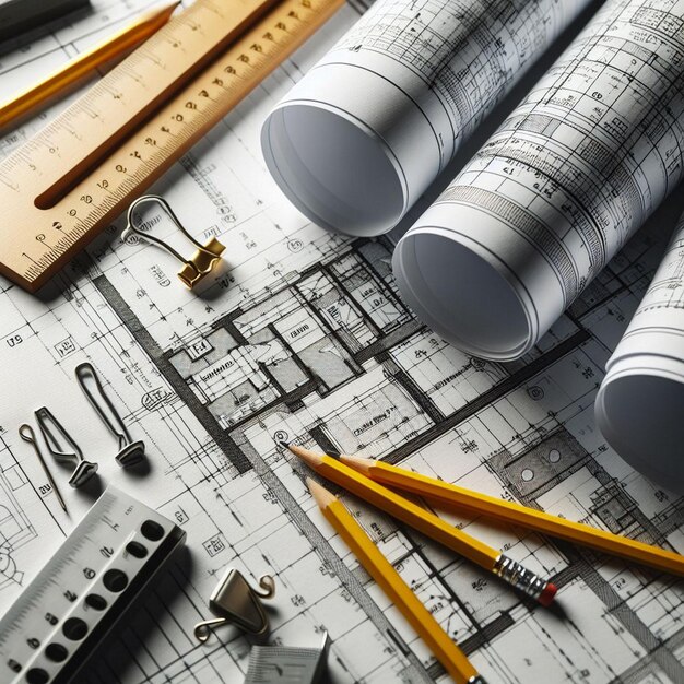 Architectural background with blueprints house model calculator and pencils Construction concept