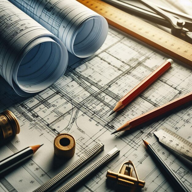 Architectural background with blueprints house model calculator and pencils Construction concept