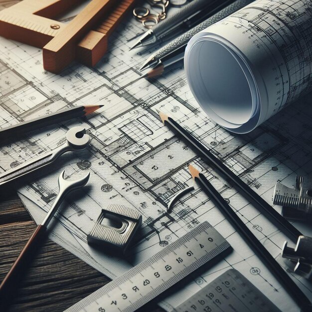 Architectural background with blueprints house model calculator and pencils Construction concept