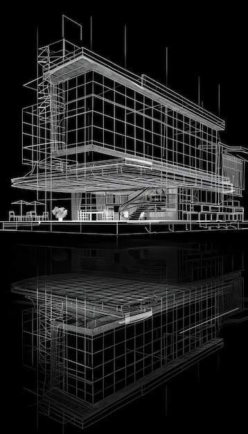 Photo architectural blueprint of a modern building reflecting on water at night