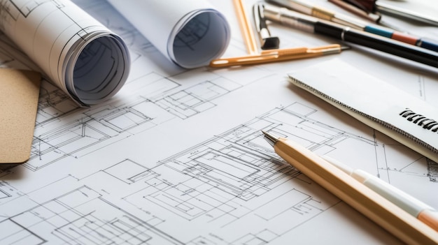 Architectural blueprints and drafting tools on a workspace