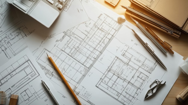 Architectural blueprints and tools arranged on a workspace