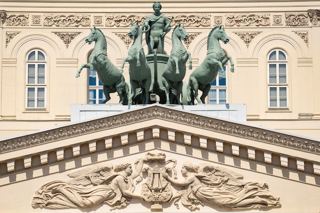 architectural composition of 4 horses on the portico of the Bolshoi Theater in Moscow, quadriga