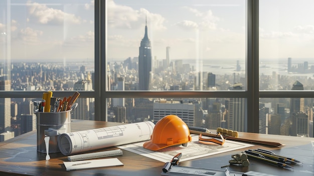 Architectural Design on a Desk with Skyline View