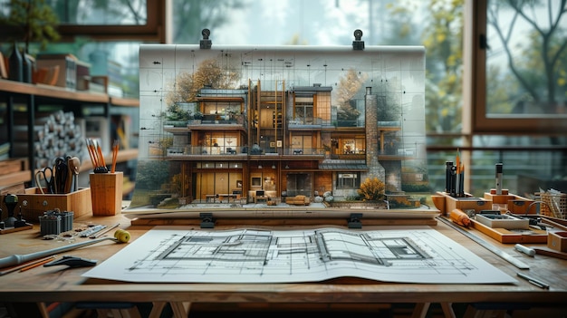 Photo architectural design workspace featuring detailed blueprints and 3d model