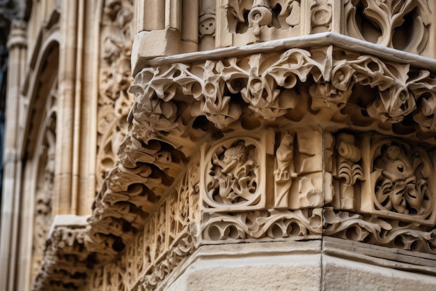 Architectural detail closeup of intricate stone carving on cathedral created with generative ai