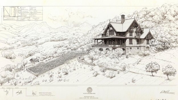 Photo architectural drawing of a house in a hillside setting