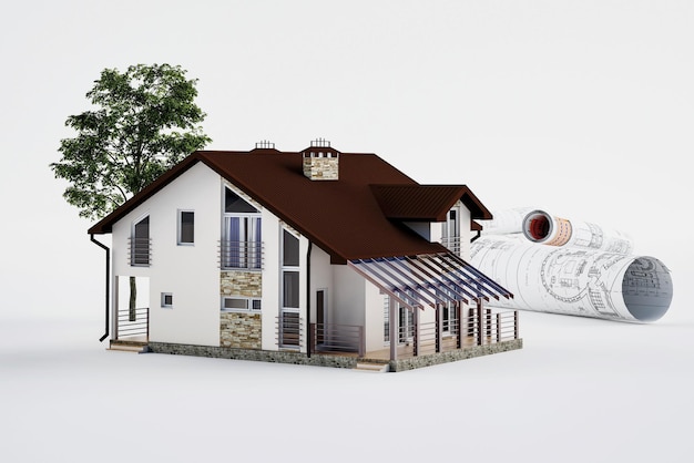 Architectural drawings of houses, concepts from drawing to implementation. 3d illustration.